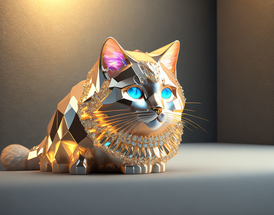 Digital artwork featuring golden faceted cat with blue eyes and crystals on moody backdrop