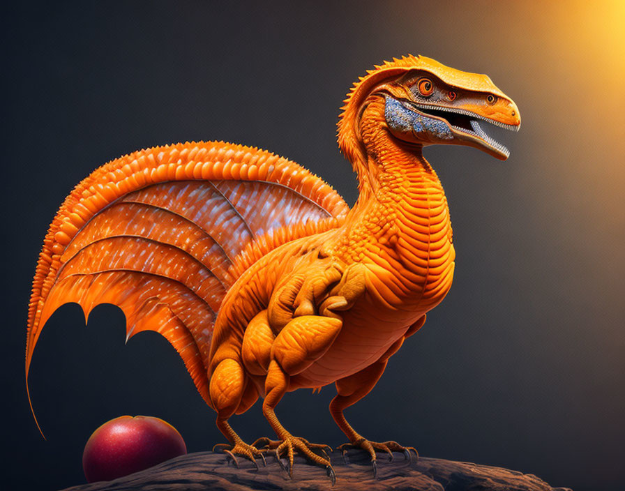 Feathered orange dinosaur on rock in digital art