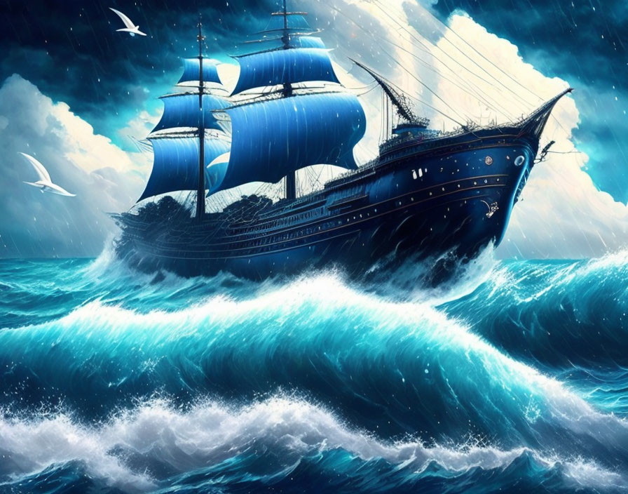 Majestic sailing ship with blue sails in stormy ocean scene