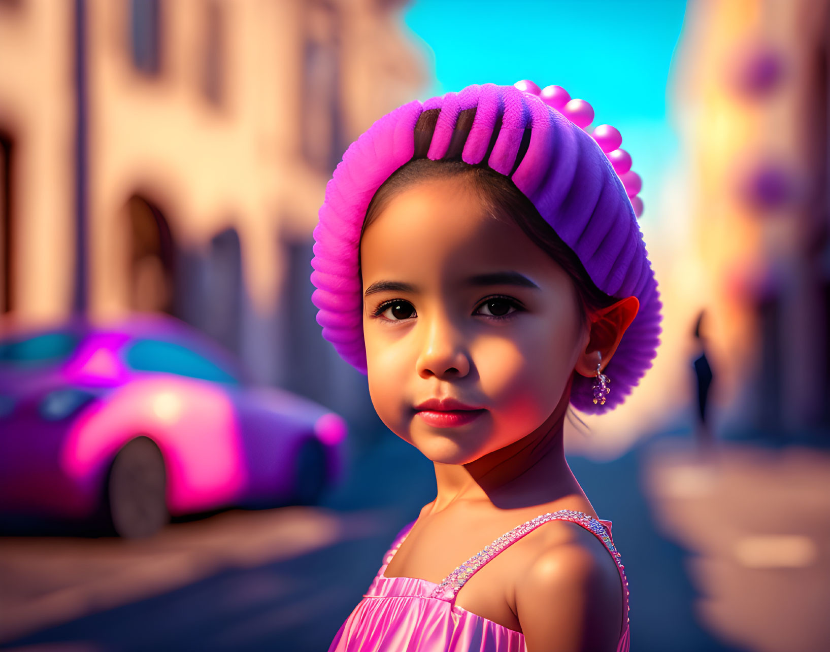 Confident young girl in pink bonnet and dress on street with blurred purple car and person.