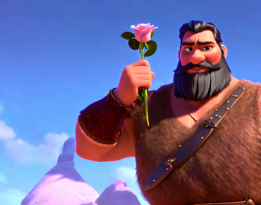 Animated character with thick beard holding pink rose under clear blue sky