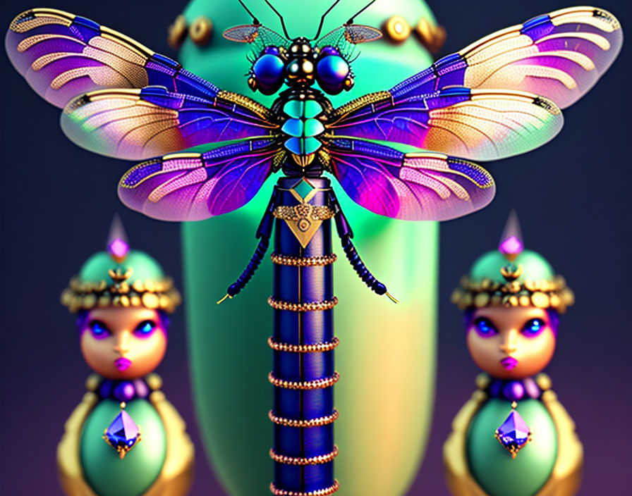 Stylized jewel-encrusted dragonfly with iridescent wings and fantasy humanoid figures