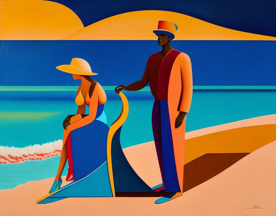 Stylized male and female figures on vibrant beachscape with abstract shapes