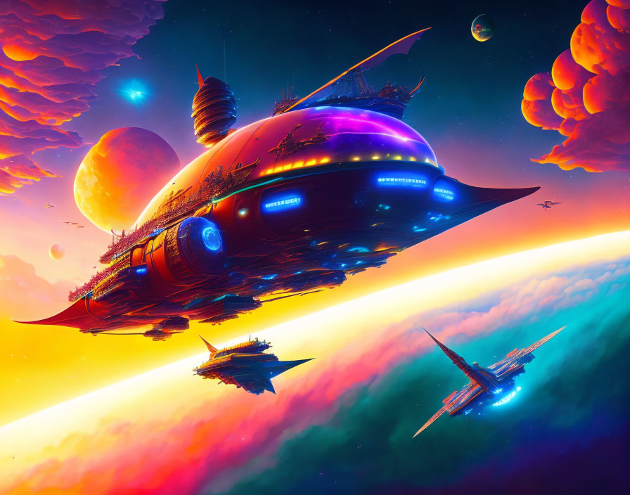 Futuristic spacecrafts over colorful planet in vibrant sci-fi scene