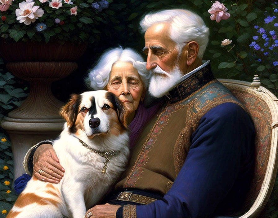 Elderly Couple with Tricolored Dog in Lush Garden