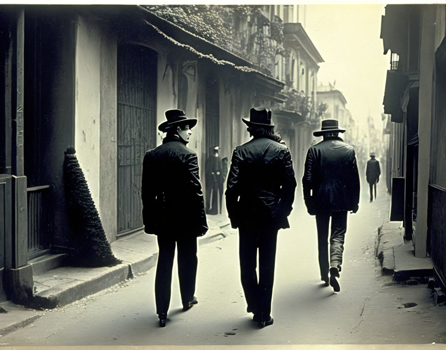 Vintage city alleyway scene with three men in suits and fedoras