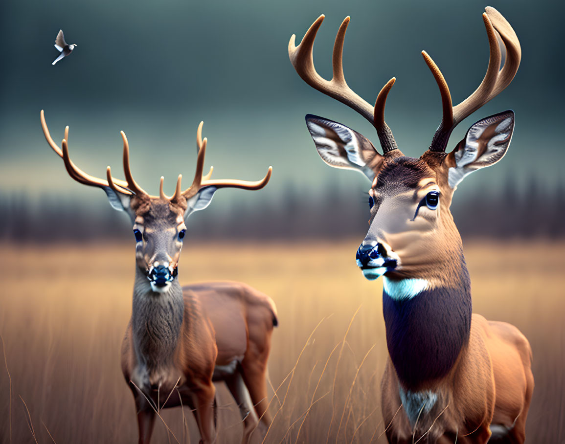 Two deer in a field with one in focus, the other blurred, and a bird flying above in