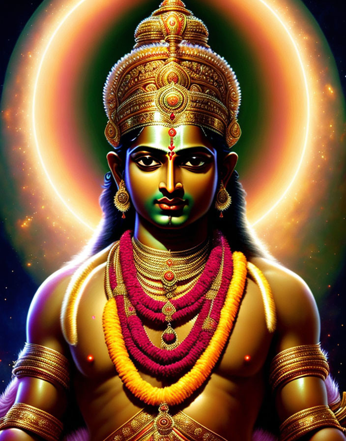 Vibrant Hindu deity with gold adornments in cosmic setting