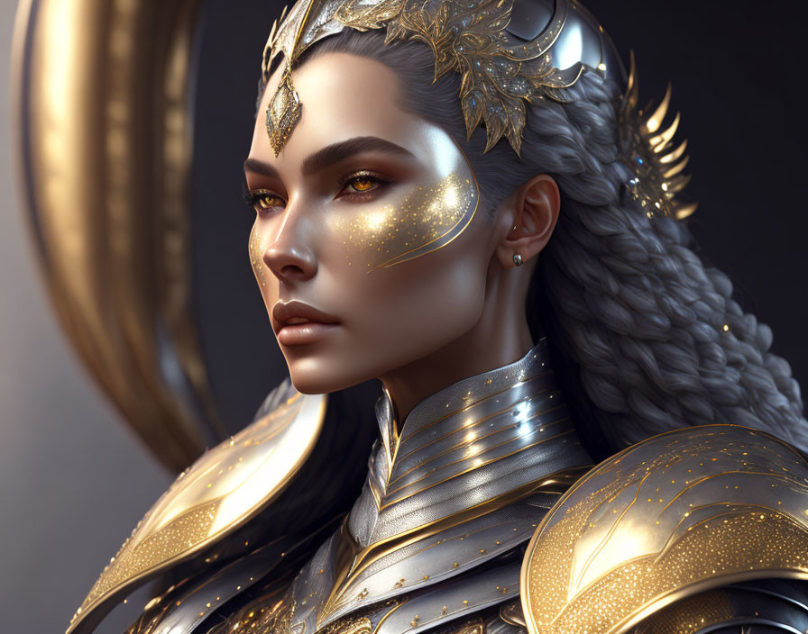 Digital artwork featuring woman in gold-accented armor and headdress, with braided hair and metallic