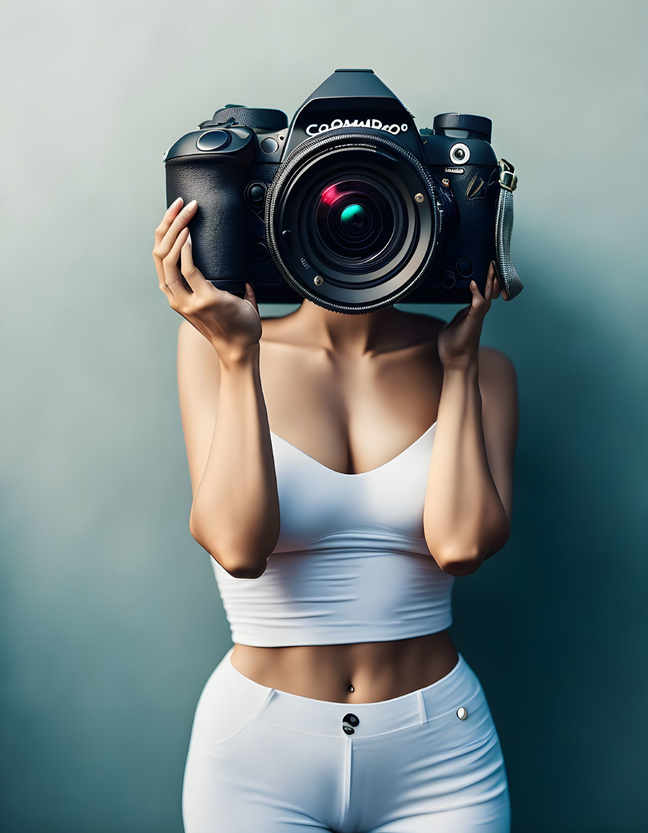 Person in white attire holding large camera against teal backdrop