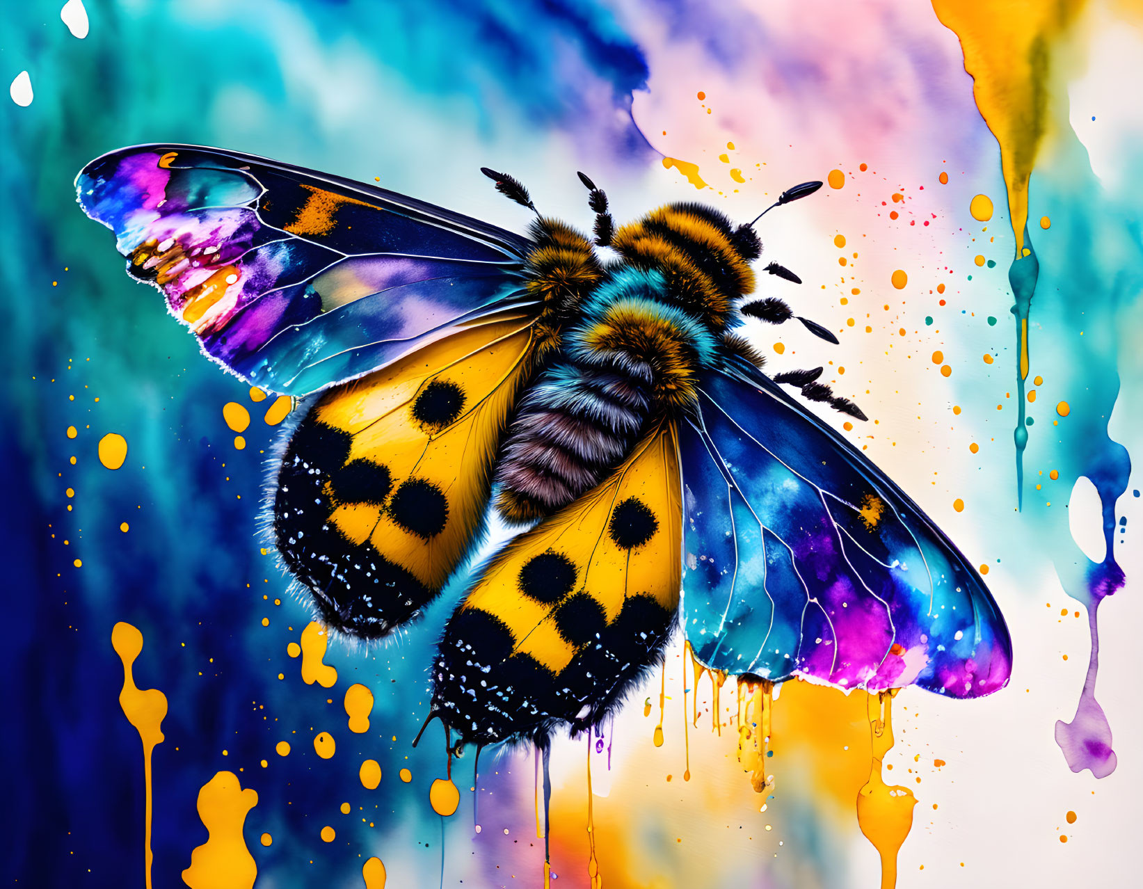 Colorful Butterfly Artwork with Dripping Paint Splashes