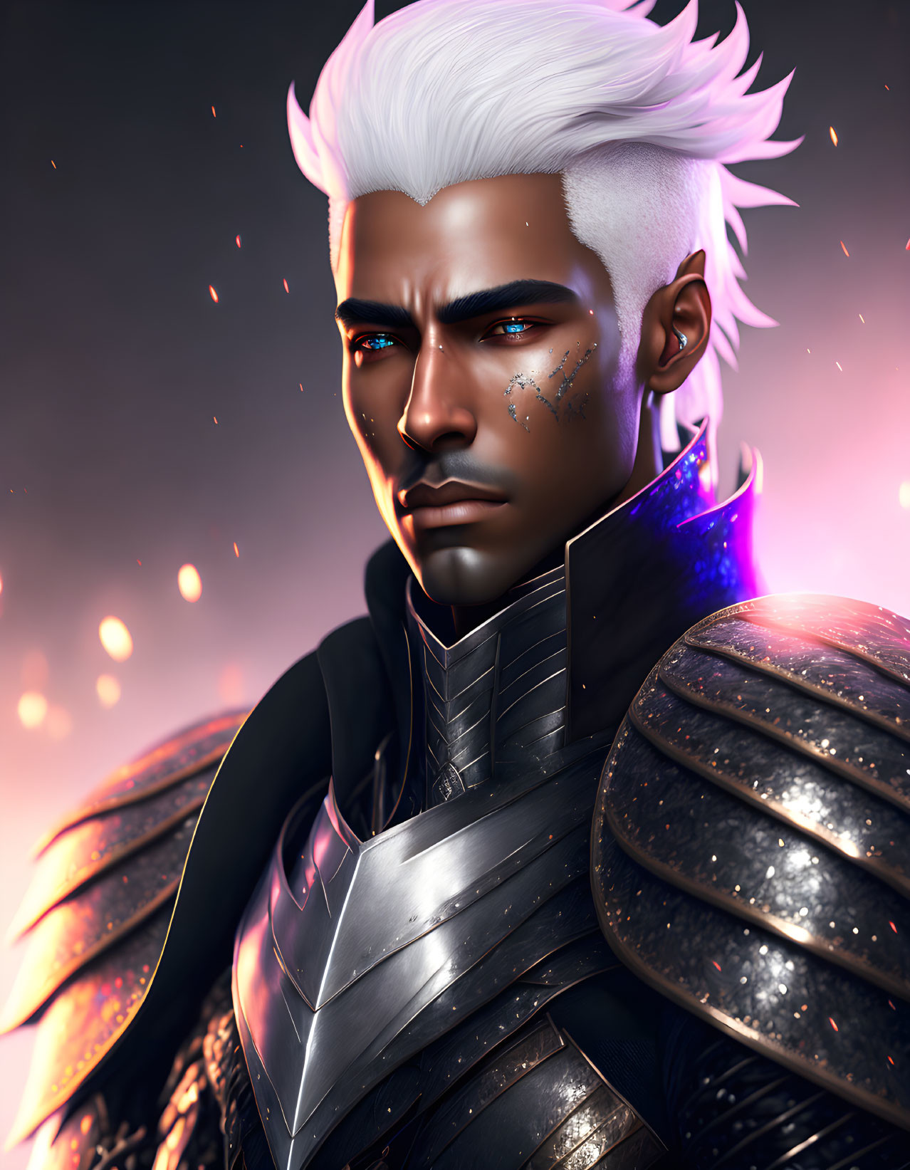 Majestic male figure with white hair and dark armor.