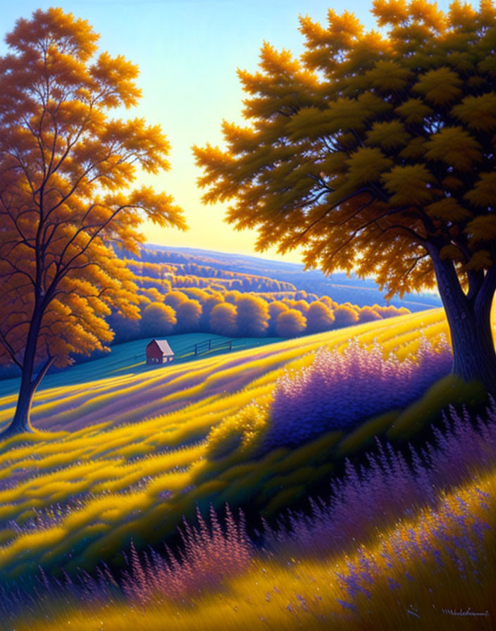 Golden Trees and Purple Flowers in Vibrant Landscape