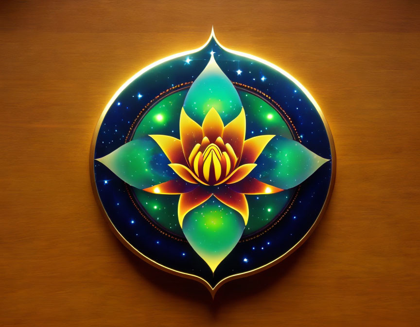 Colorful lotus flower design on cosmic background on wooden surface