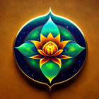 Colorful lotus flower design on cosmic background on wooden surface
