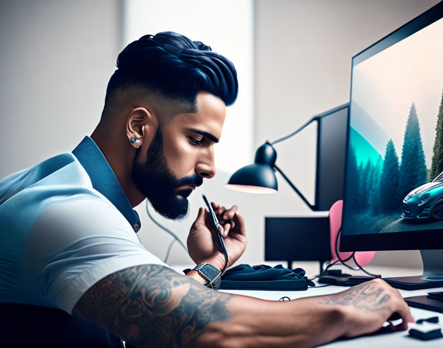 Bearded man with tattoos working on computer in modern office