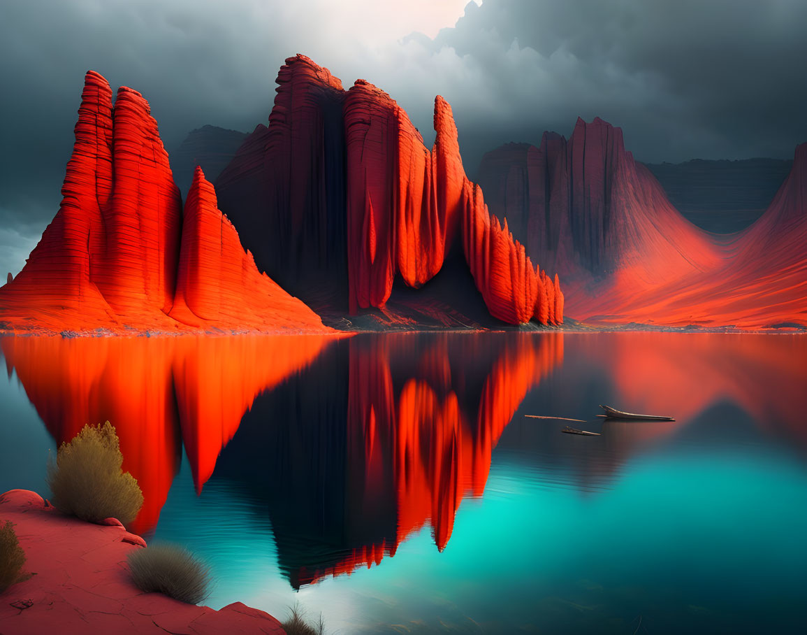 Red Rock Formations Tower Over Turquoise Lake with Boat and Stormy Sky