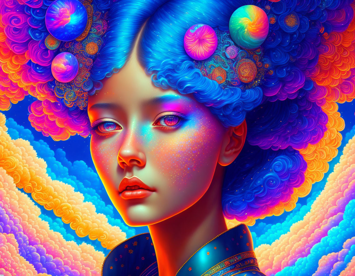 Colorful digital artwork featuring woman with blue skin and swirling orange, pink, and blue patterns.