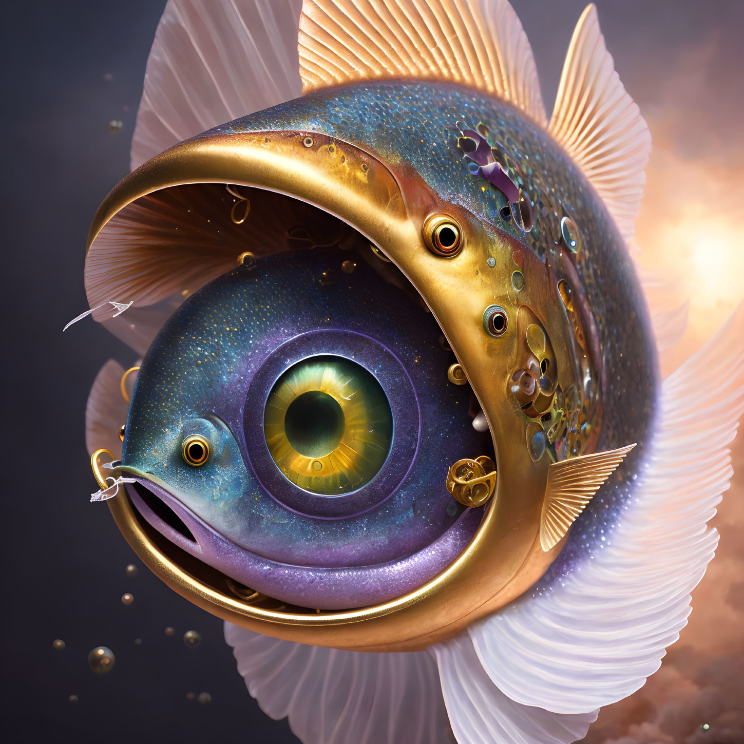 Vibrant surreal fish with elaborate textures and oversized eye