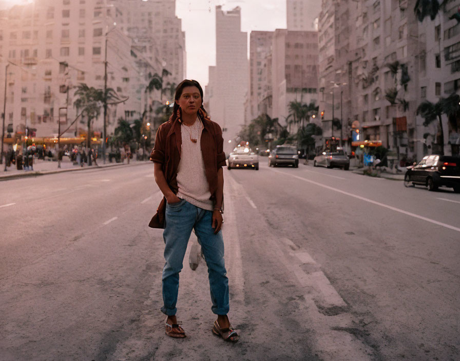 Urban street scene at dusk with confident person and buildings.