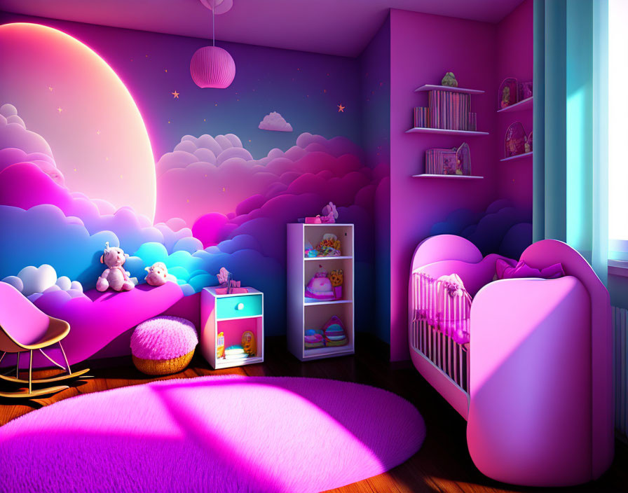 Fantasy-themed wall mural in vibrant child's room