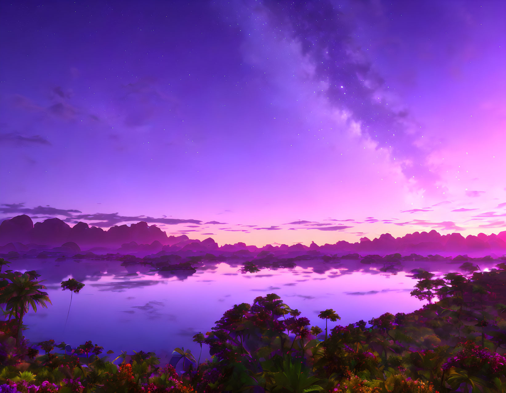 Serene starry night sky over lake and mountains