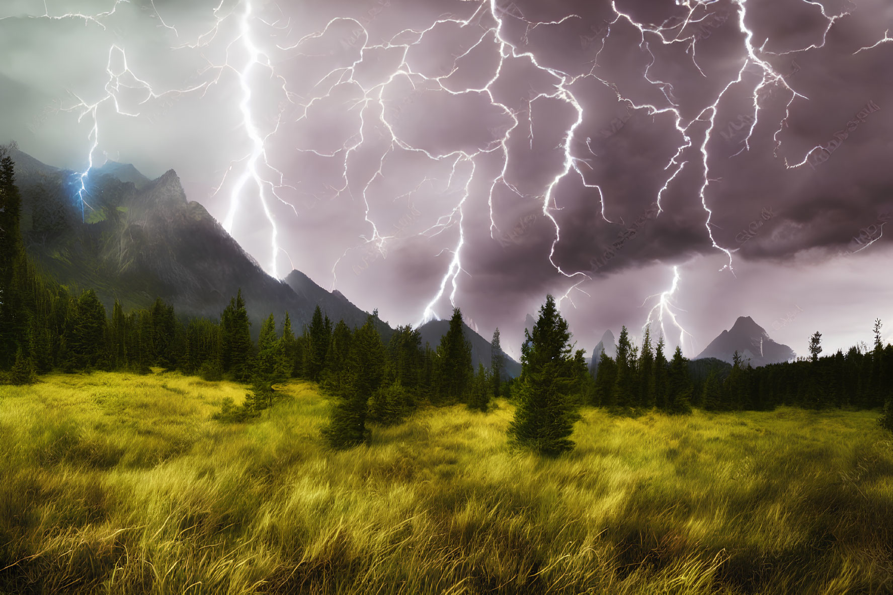 Intense lightning storm over mountain range and evergreen field