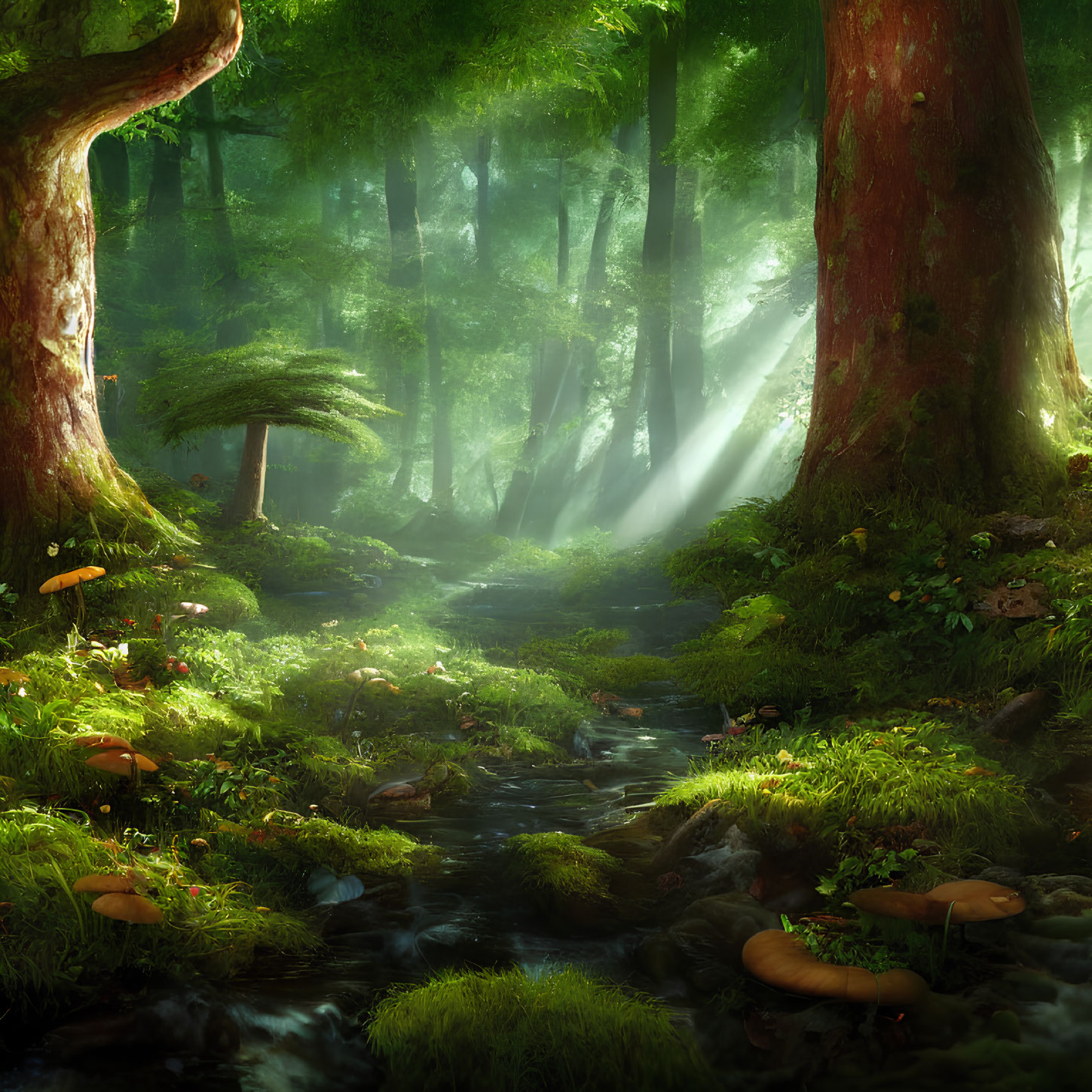 Sunlit Forest Scene with Stream and Mushrooms in Lush Canopy