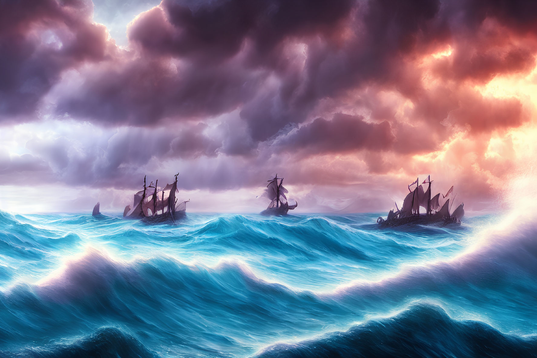 Sailing Ships in Stormy Ocean with Dramatic Sky