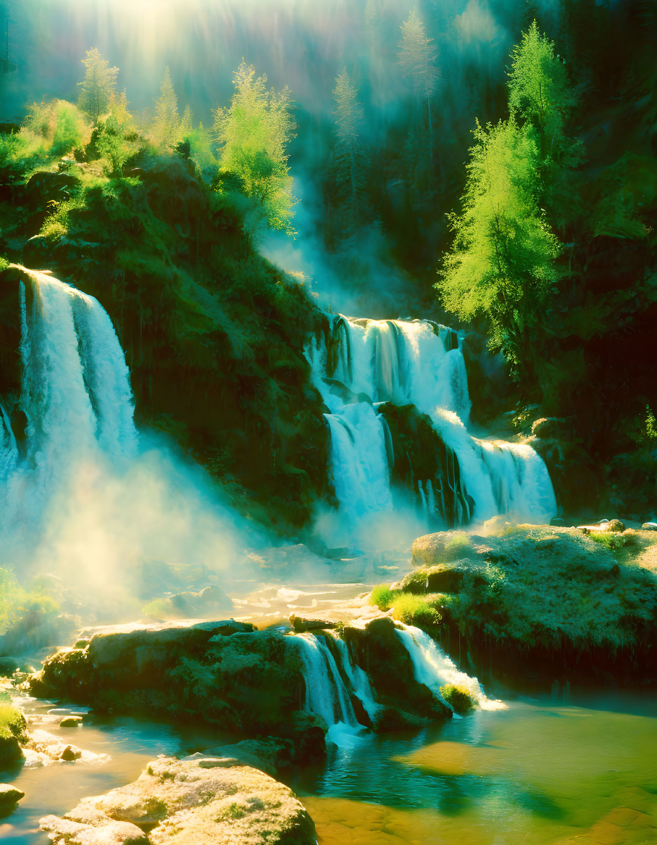 Sunlit Cascading Waterfalls in Lush Greenery with Mist and Light Beams