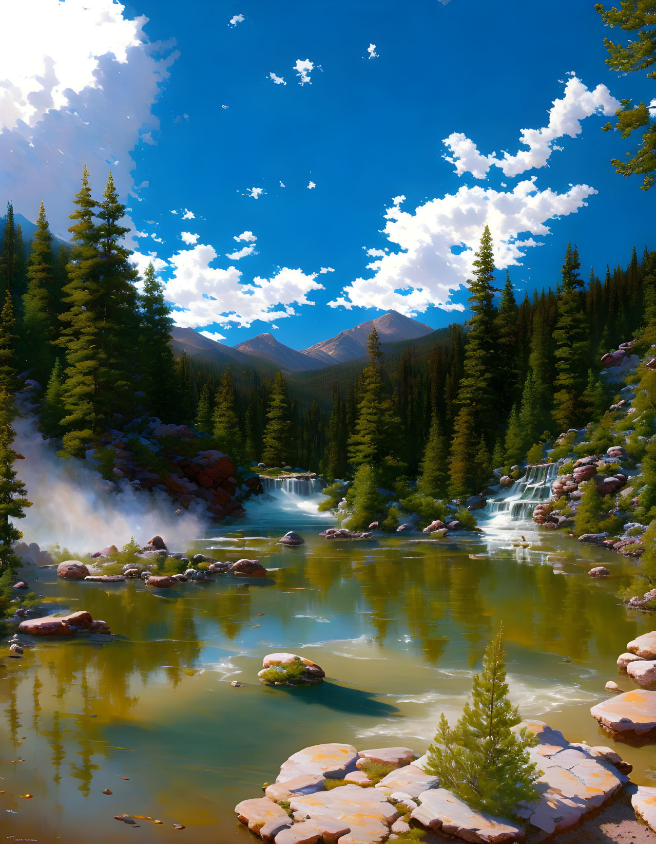 Tranquil Mountain Landscape with River, Waterfalls, and Pine Trees