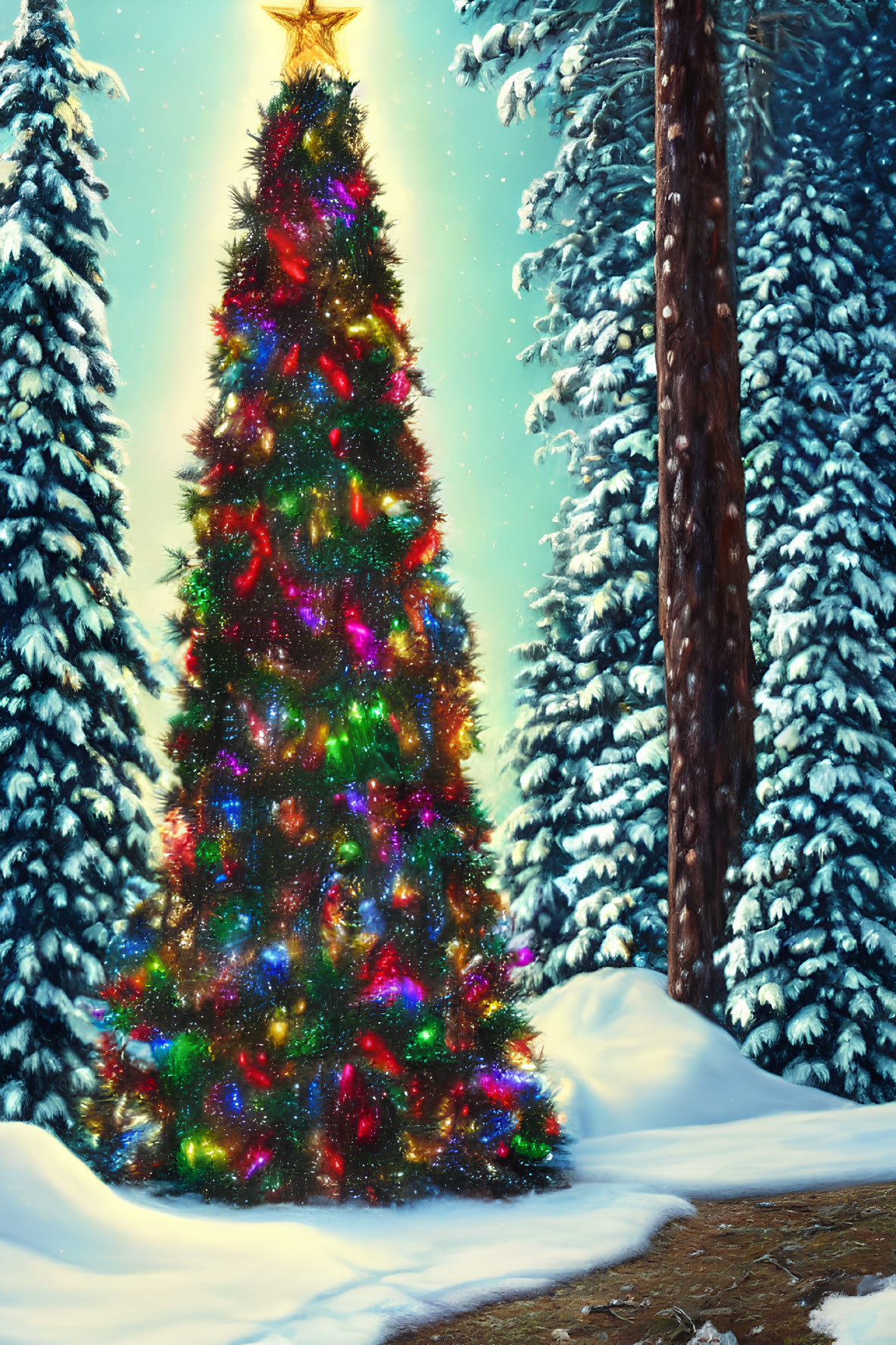 Colorful Christmas Tree in Snowy Forest at Night