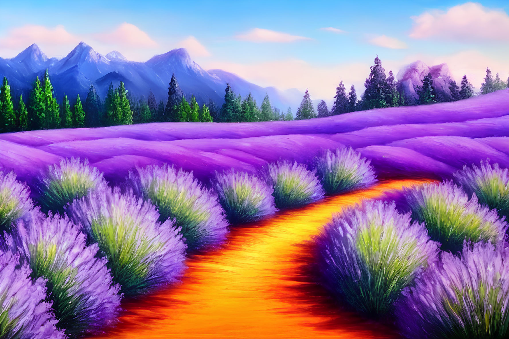 Lavender Field Painting with Orange Path and Mountains