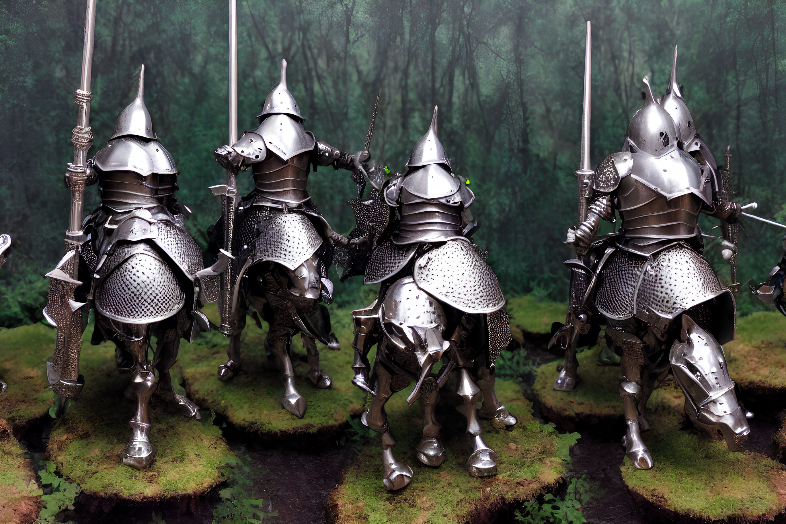 Medieval knights on horseback with lances in forest setting