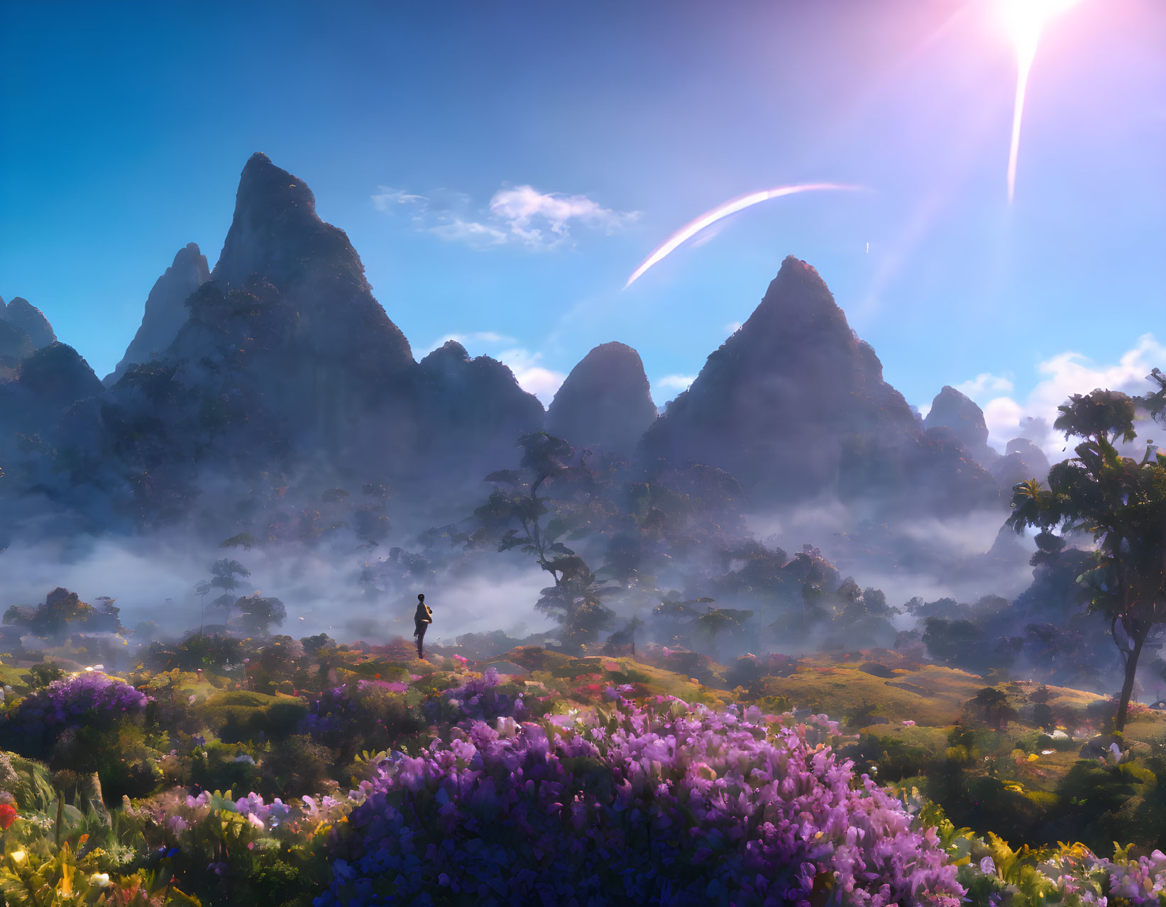 Person in misty meadow with purple flowers, mountains, and comet.