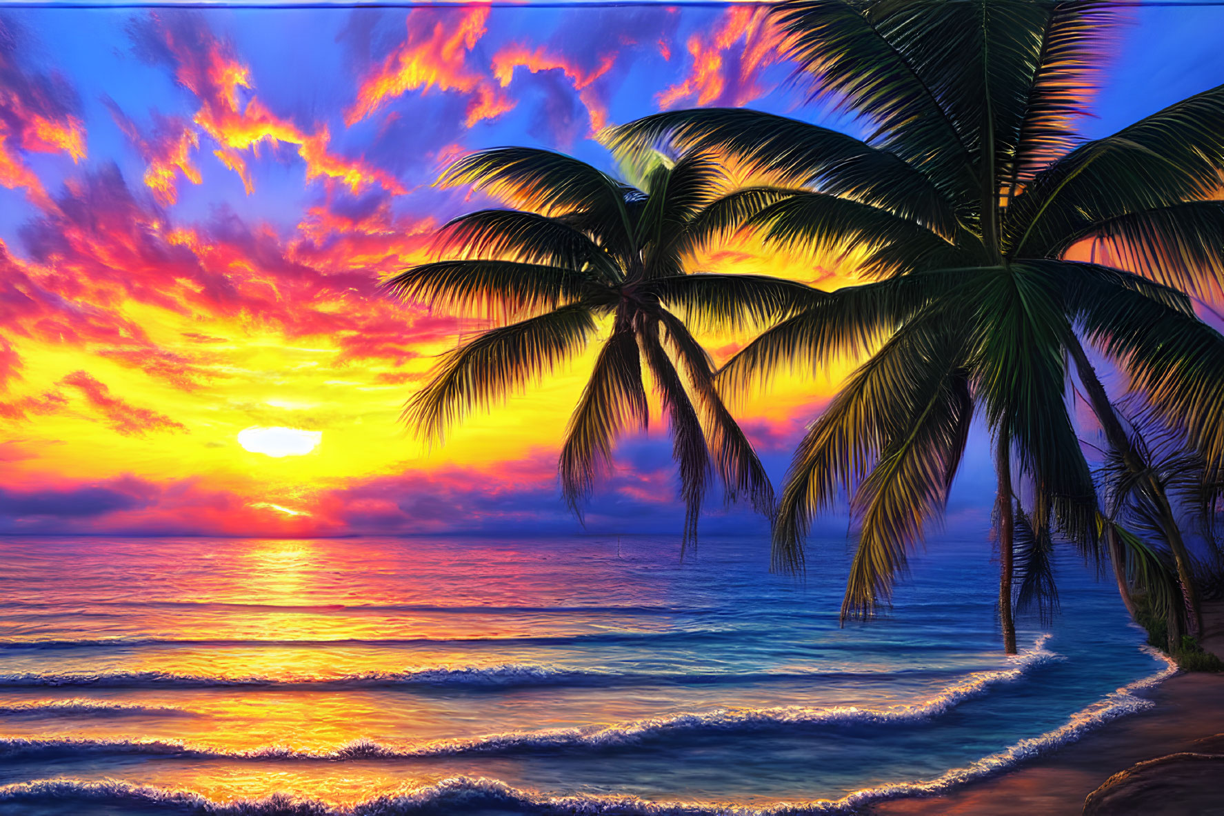 Fiery sunset over serene beach with palm trees and waves