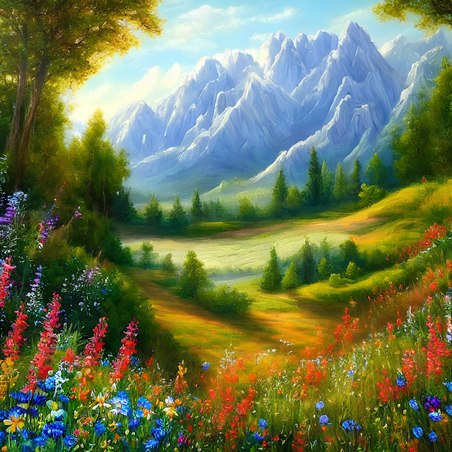 Colorful painting of blooming meadow with flowers, trees, and mountains