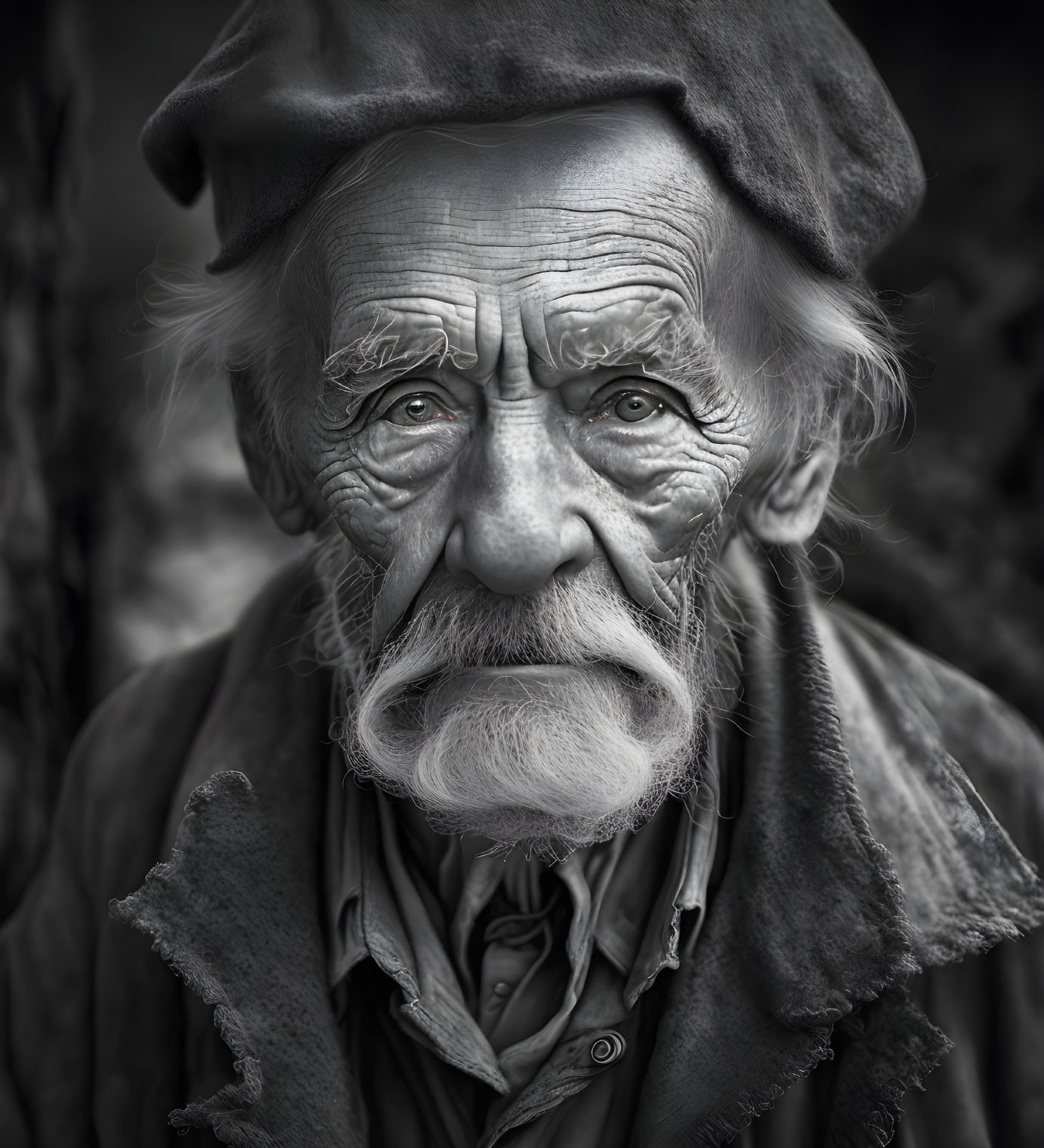 Elderly man portrait in black and white with deep wrinkles and beret