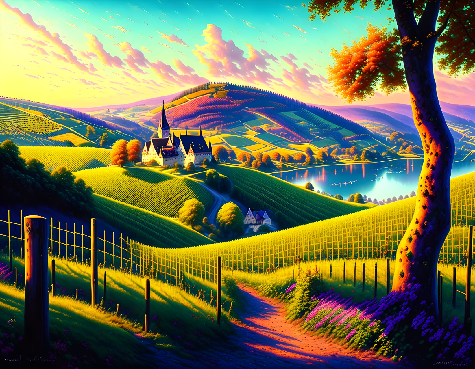 Scenic landscape with rolling hills, vineyards, church, trees, and river at sunset