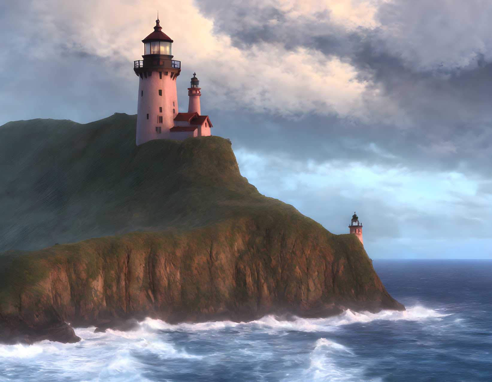 Serene image: Two lighthouses on rugged cliff by turbulent sea