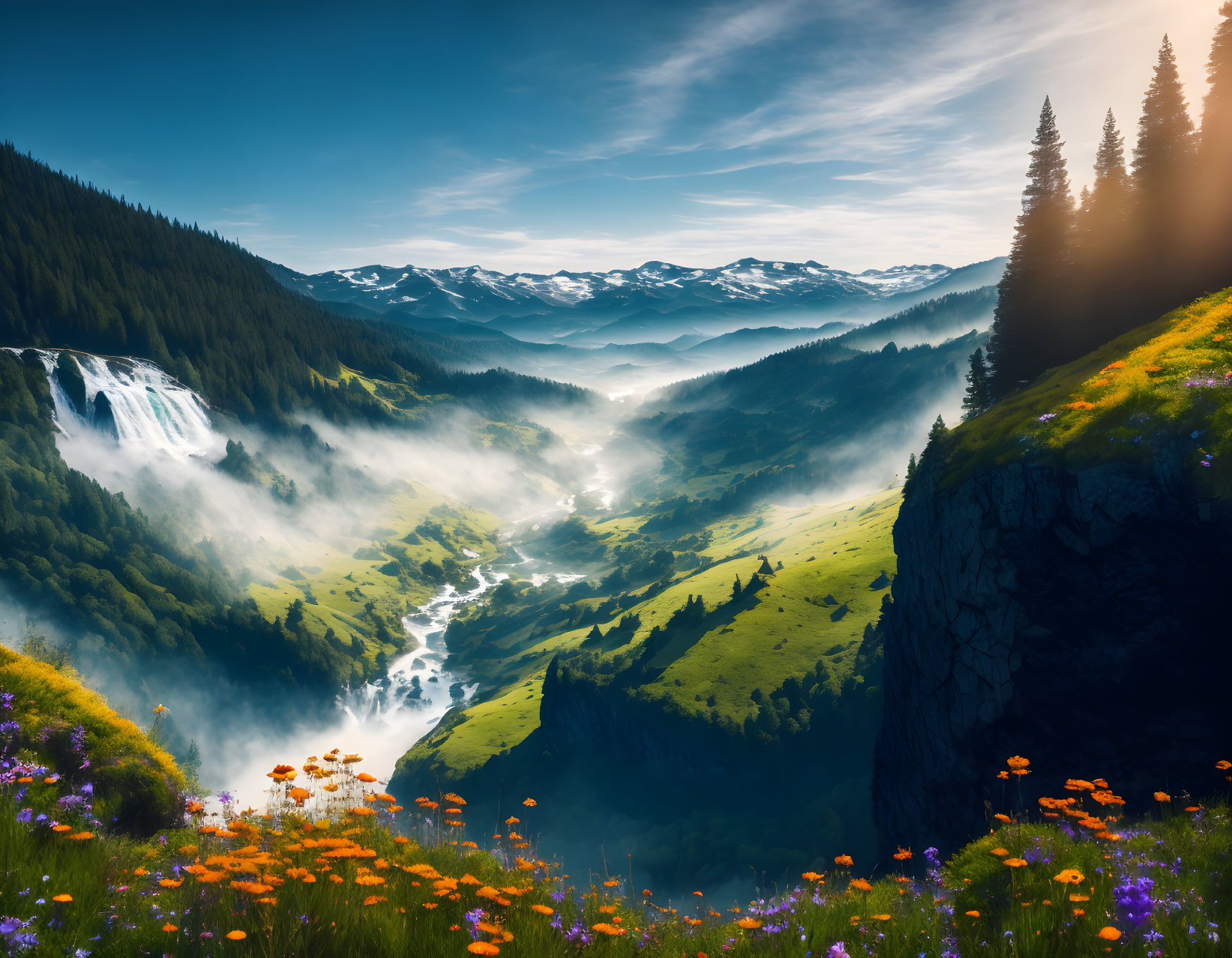 Lush Valley with Waterfalls, River, Wildflowers, Mountains