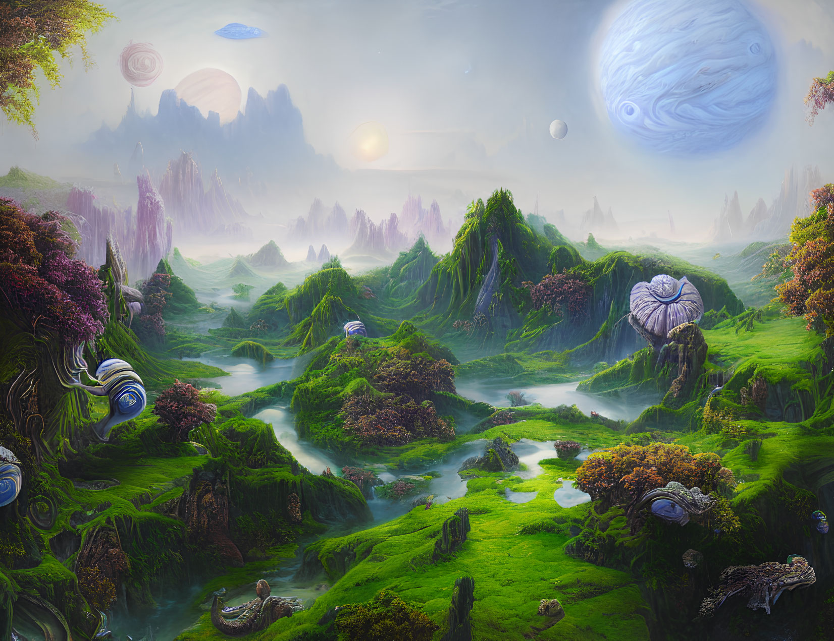 Fantastical landscape with greenery, snail-like structures, misty valleys & multiple moons.