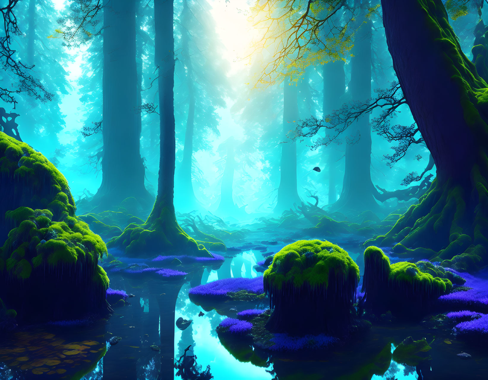 Vibrant blue and green mystical forest scene with sunrays and moss-covered ground