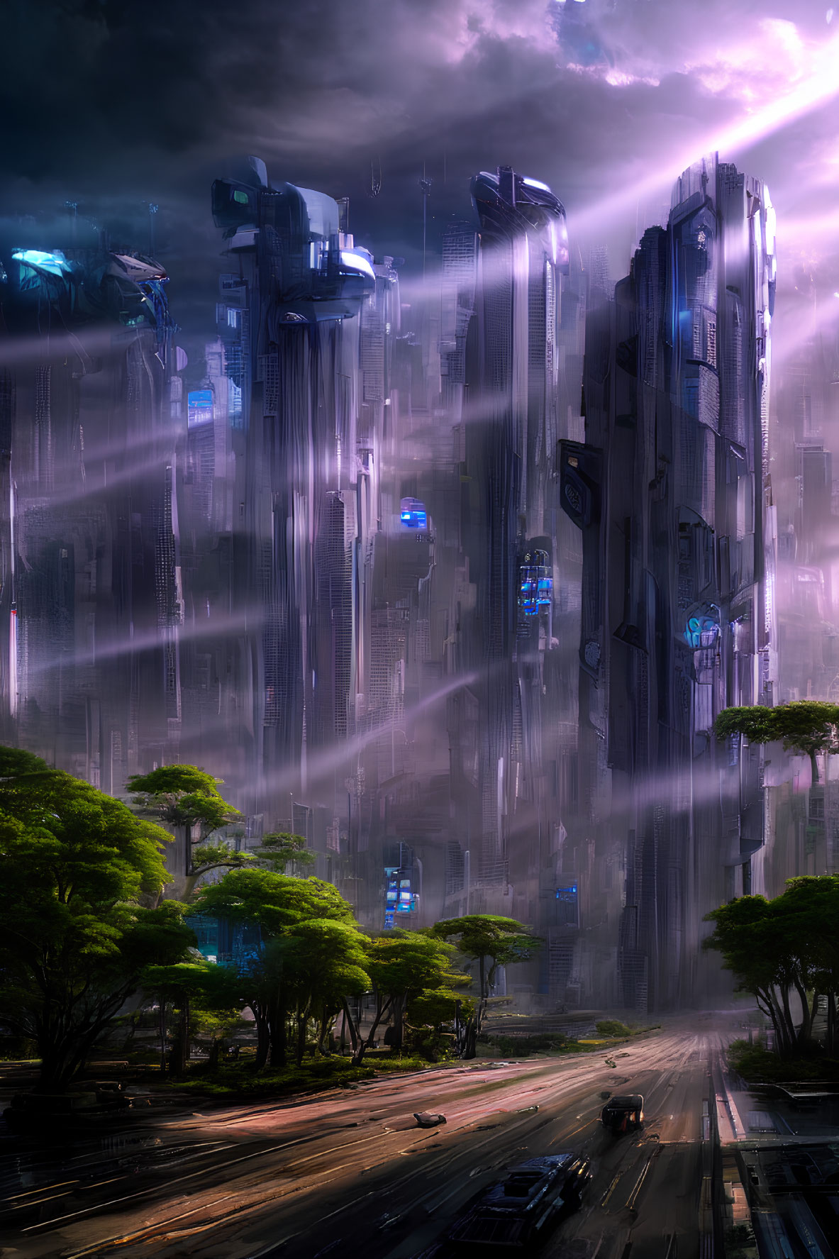 Futuristic cityscape with illuminated skyscrapers in rain, trees, and vehicles