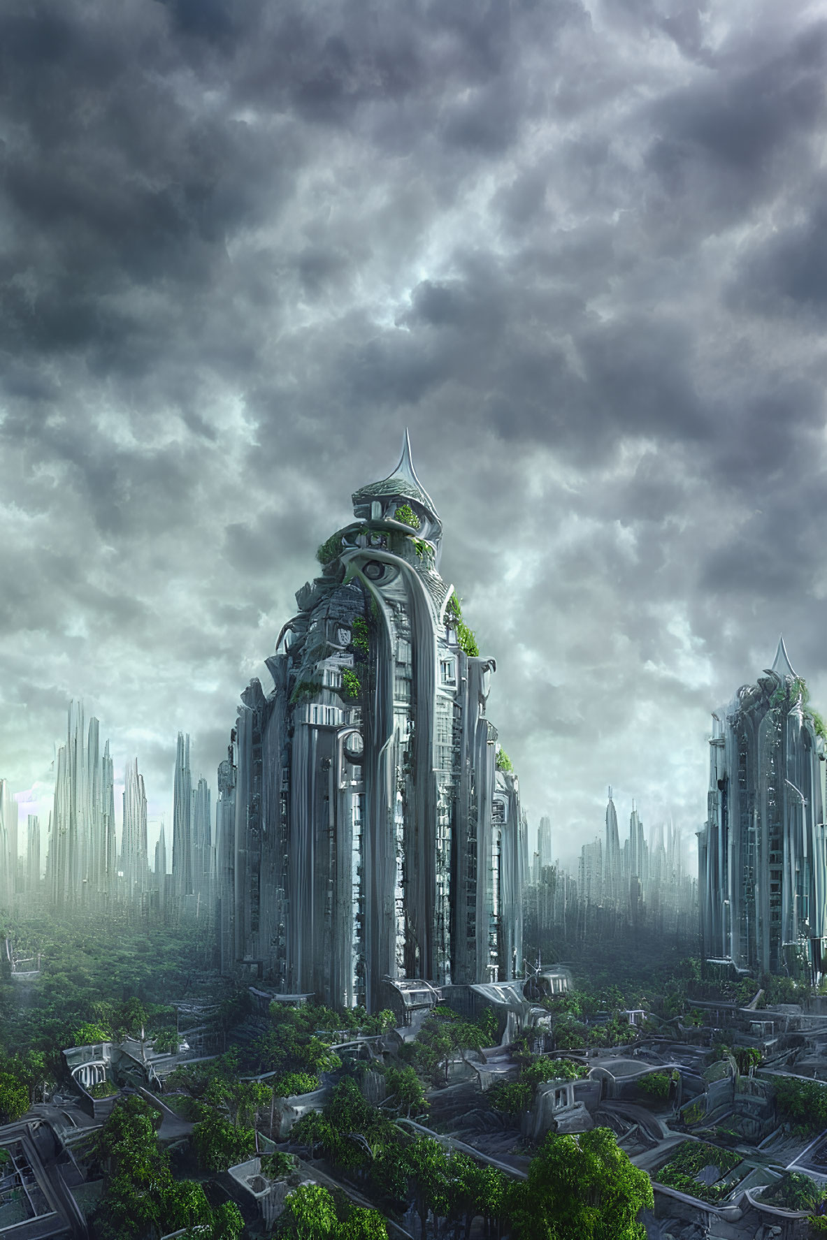 Ornate skyscrapers in futuristic cityscape with lush greenery