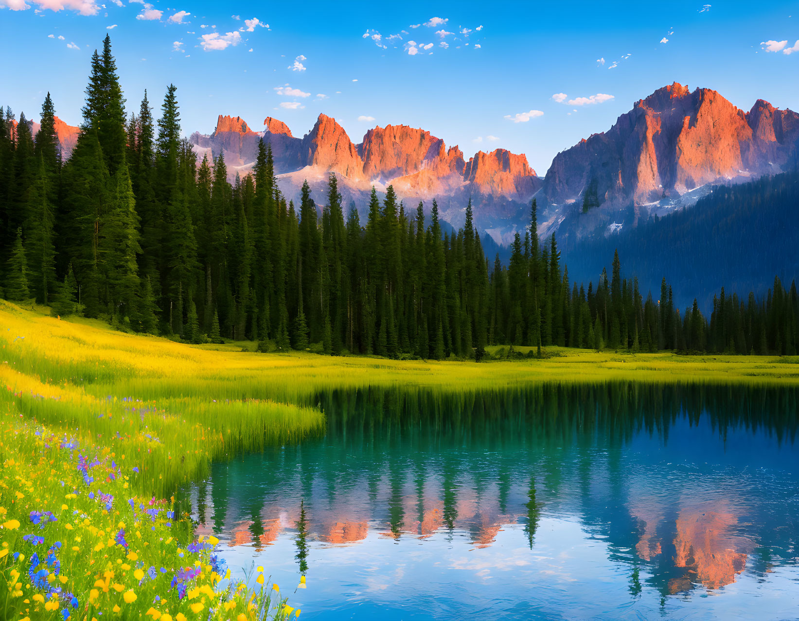 Tranquil alpine lake with wildflowers, forest, and mountain peaks at dawn or dusk