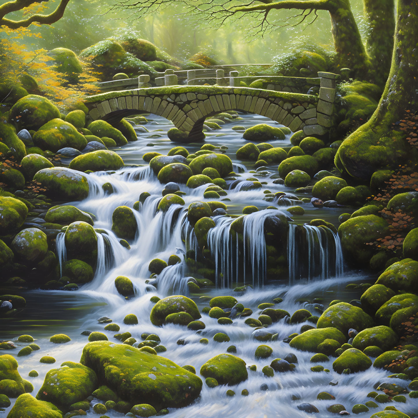 Tranquil waterfall under stone bridge in mossy forest