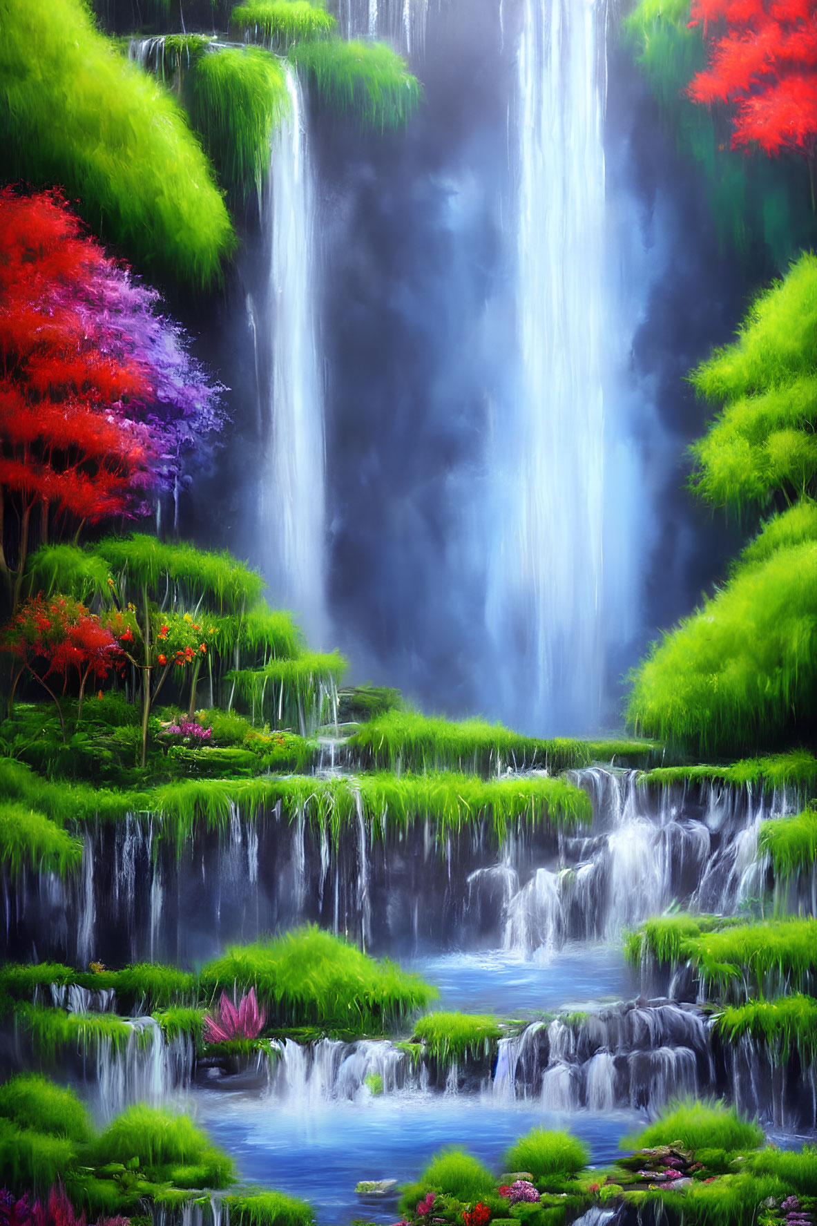 Colorful waterfall surrounded by lush greenery and misty ambiance