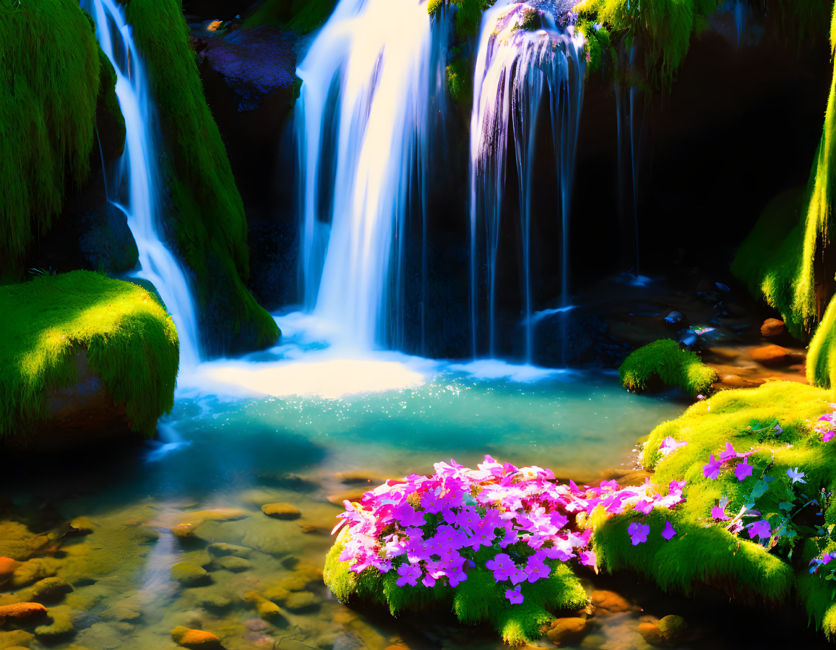 Scenic waterfall with green moss, sunlight, and purple flowers