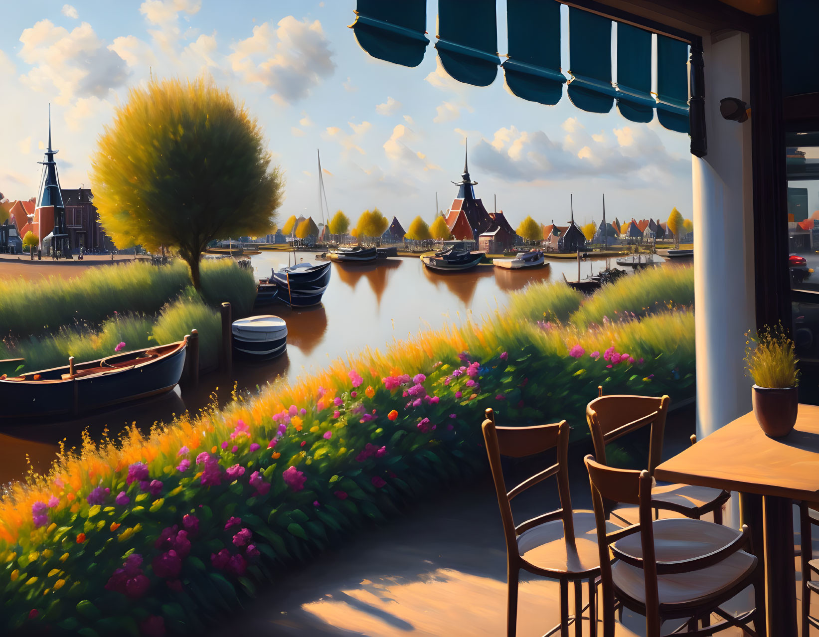 Scenic riverside view with flowers, boats, windmills, and cafe terrace